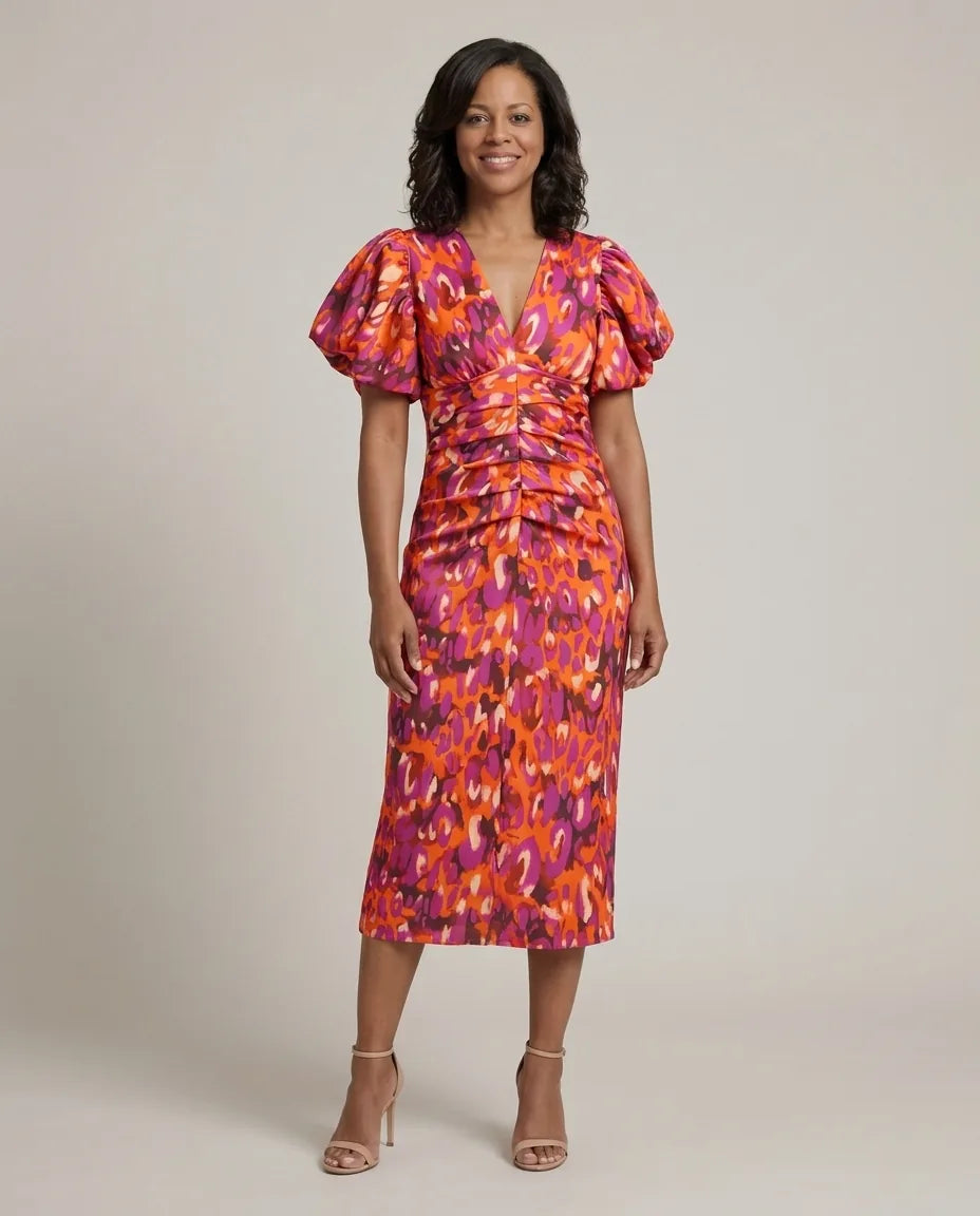 Lydia | Vivid Pleated Midi Dress — Orange