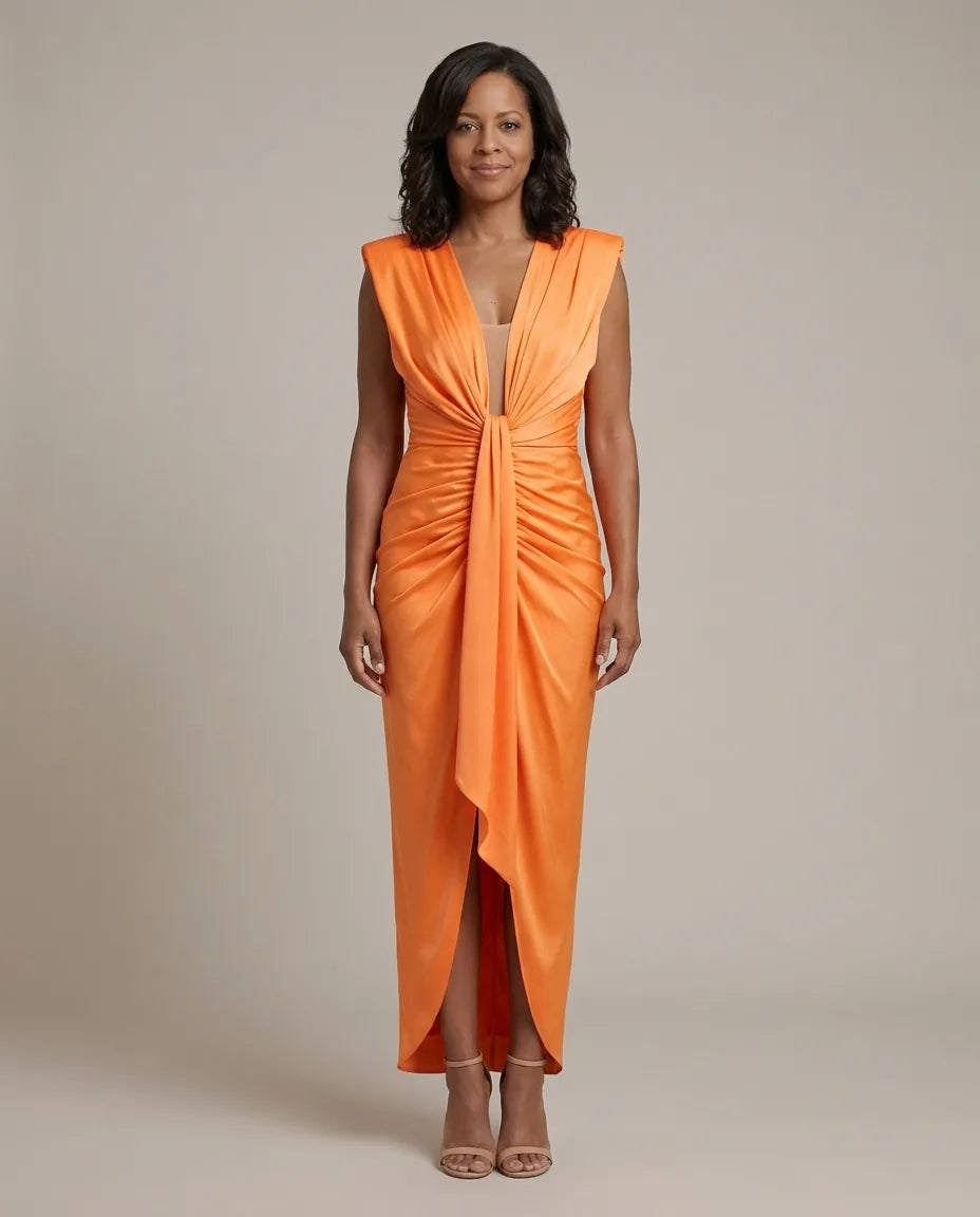 Adeline | Elegant Pleated Dress — Orange