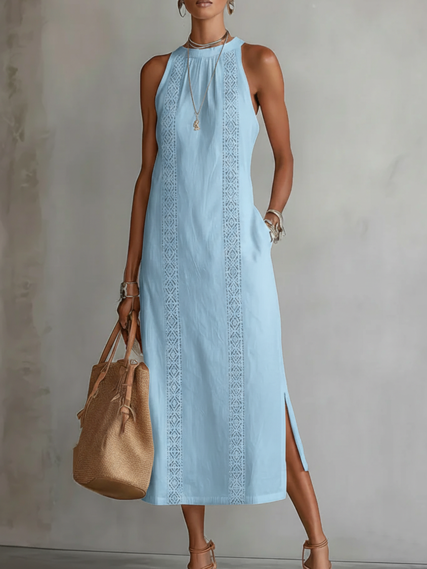 Jamie | Mandarin Collar Linen Midi Dress