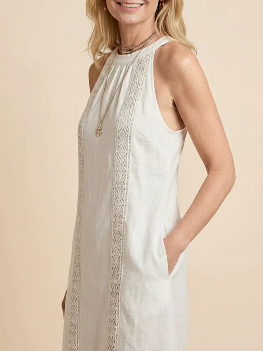 Jamie | Mandarin Collar Linen Midi Dress
