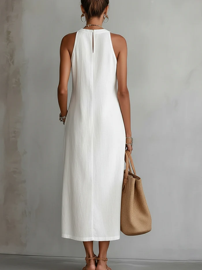 Jamie | Mandarin Collar Linen Midi Dress