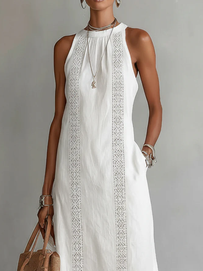 Jamie | Mandarin Collar Linen Midi Dress