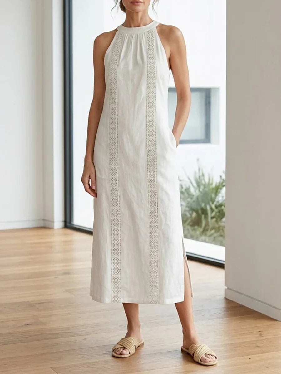 Jamie | Mandarin Collar Linen Midi Dress