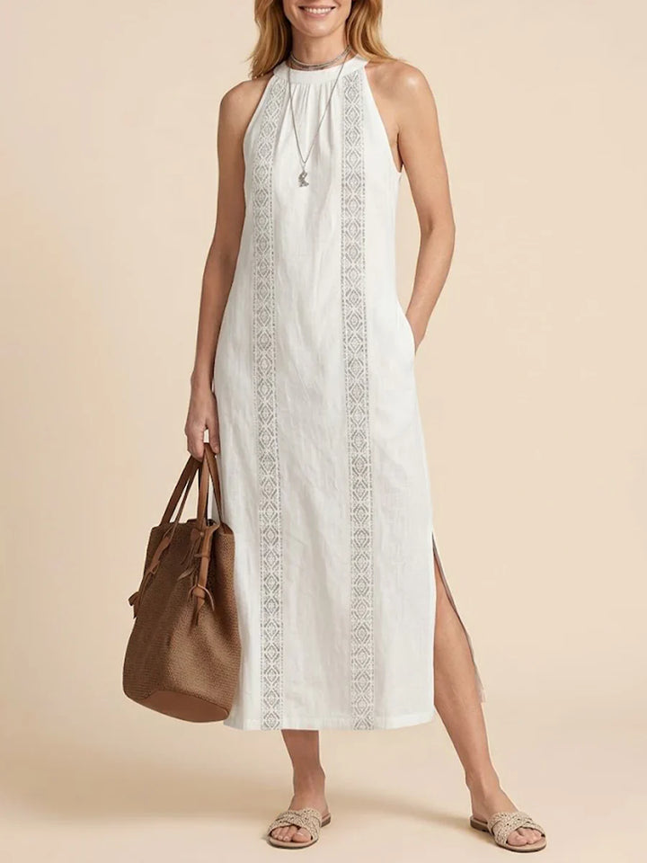 Jamie | Mandarin Collar Linen Midi Dress