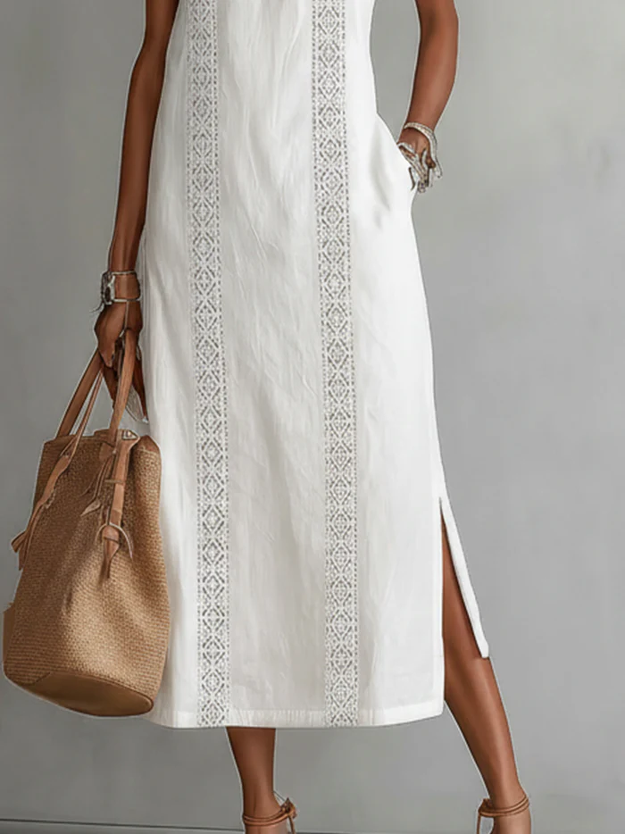 Jamie | Mandarin Collar Linen Midi Dress