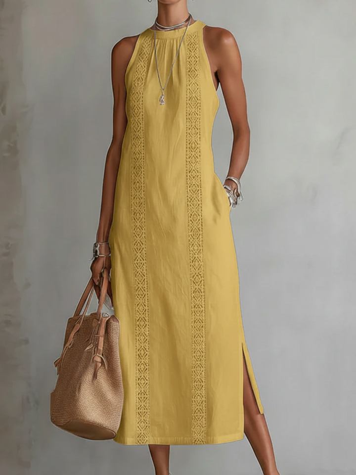 Jamie | Mandarin Collar Linen Midi Dress