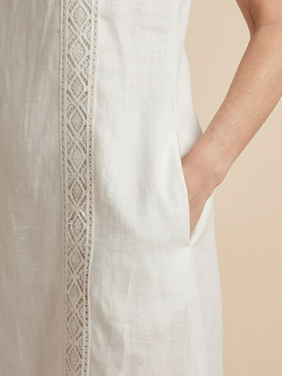 Jamie | Mandarin Collar Linen Midi Dress