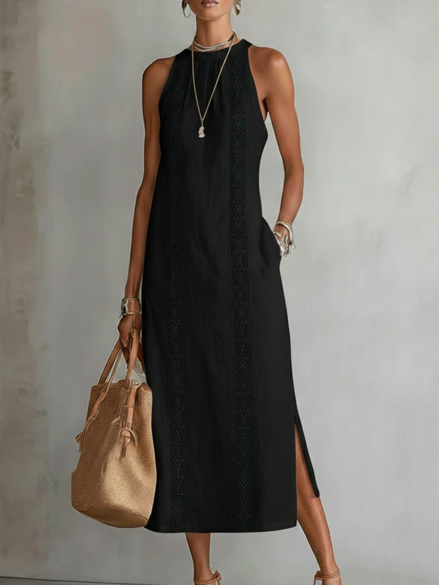 Jamie | Mandarin Collar Linen Midi Dress