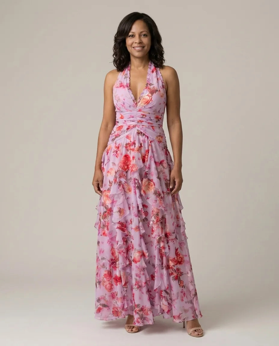 Tessa | Halter Neck Ruched Bodice Floral Maxi Dress — Pink