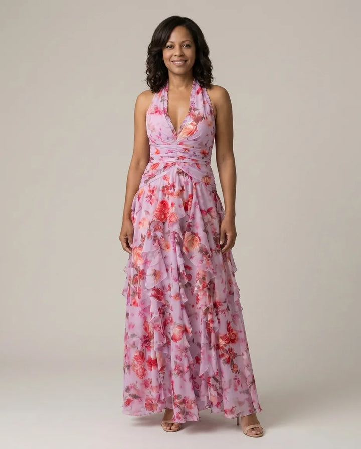 Tessa | Halter Neck Ruched Bodice Floral Maxi Dress — Pink