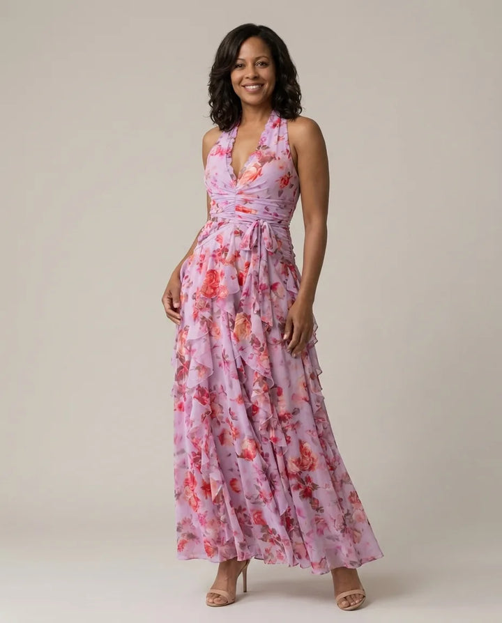 Tessa | Halter Neck Ruched Bodice Floral Maxi Dress — Pink