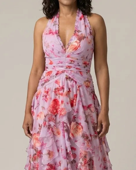 Tessa | Halter Neck Ruched Bodice Floral Maxi Dress — Pink