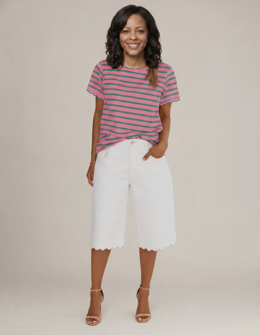 Women's Scalloped Crew Neck Striped T-Shirt — Pink