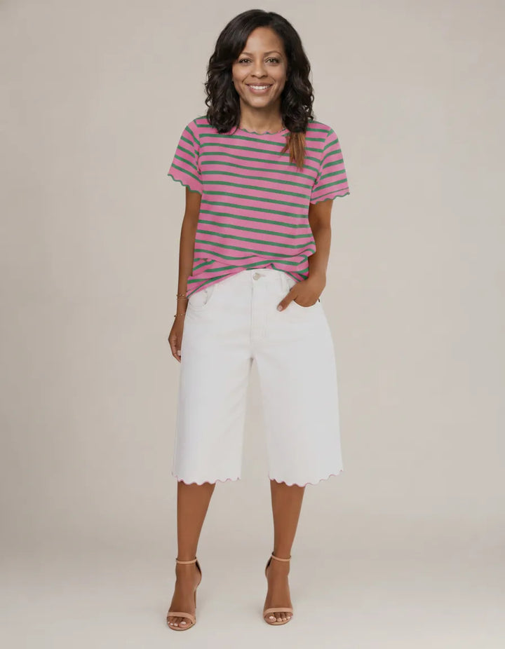 Women's Scalloped Crew Neck Striped T-Shirt — Pink