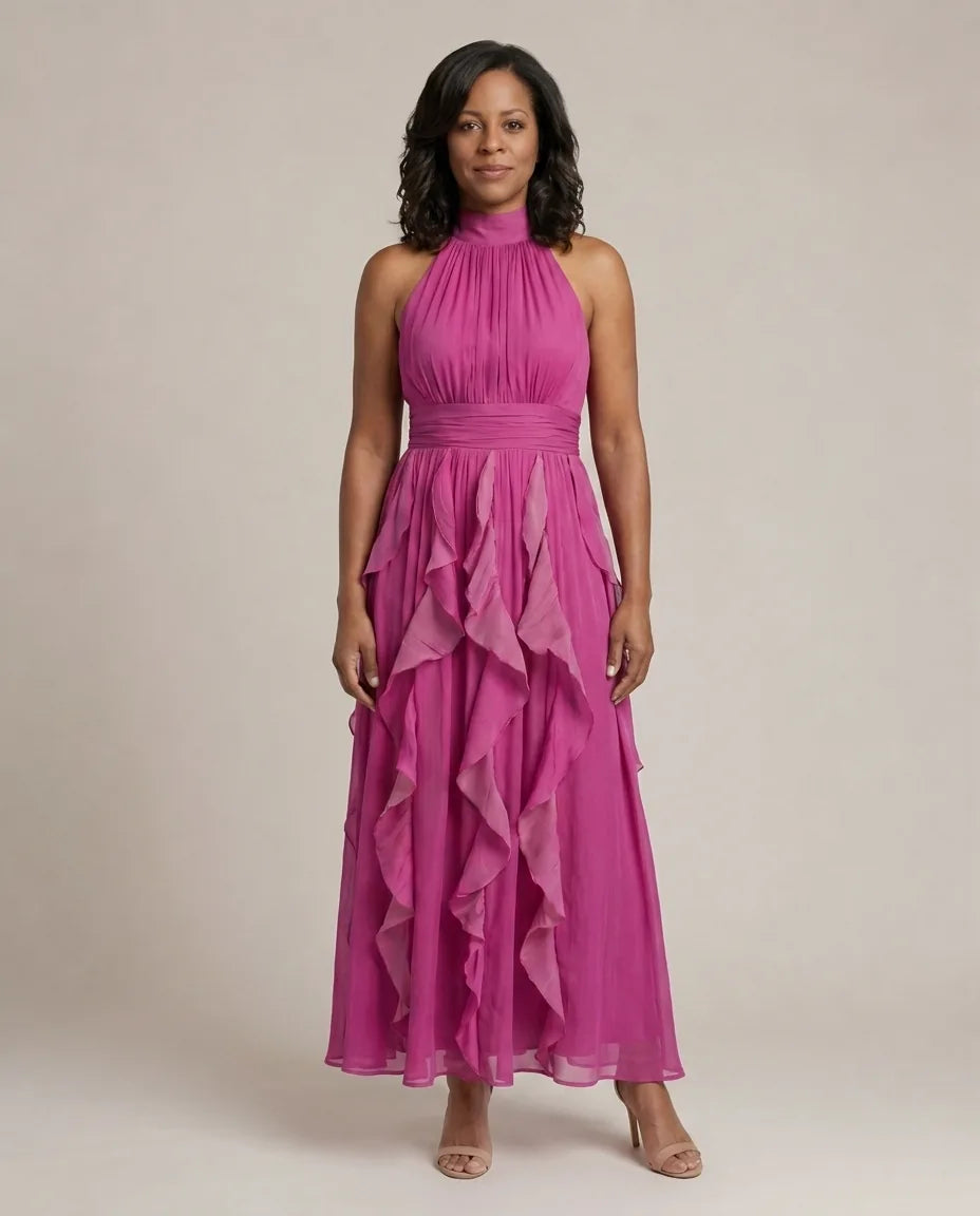 Orea | High Neck Gathered Ruffle Layers Maxi Dress — Pink