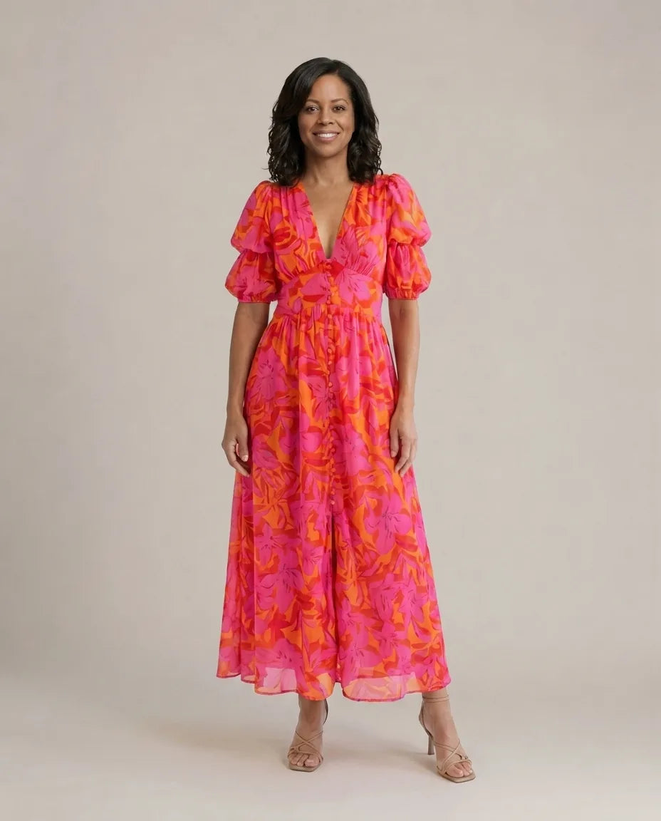Willow | Floral V Neck Puff Sleeve Midi Dress — Pink