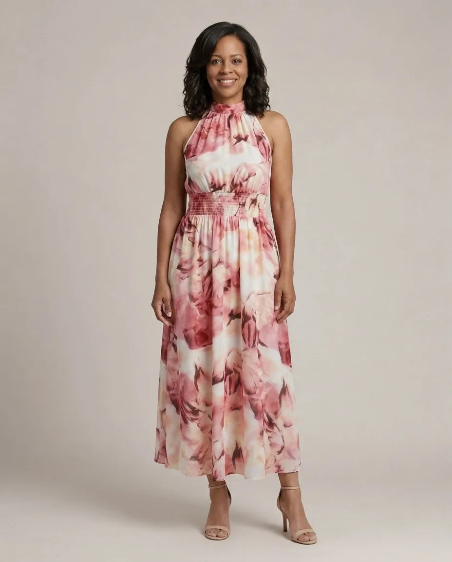 Sylin | Gathered Halter Midi Dress — Pink