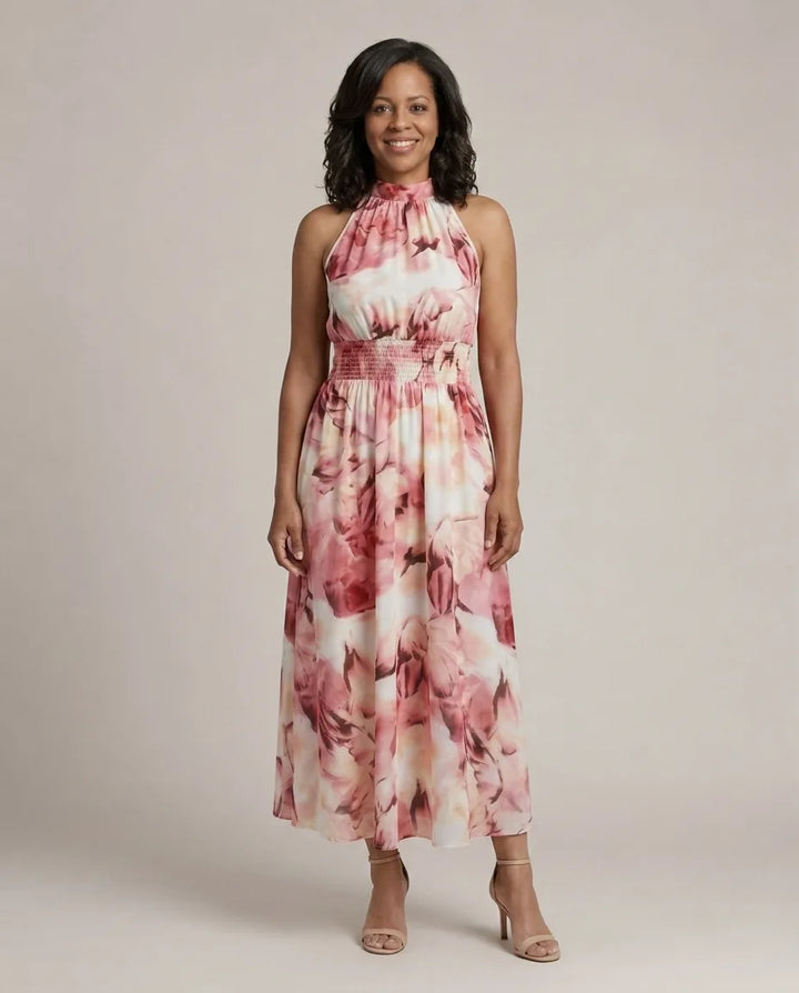 Sylin | Gathered Halter Midi Dress — Pink
