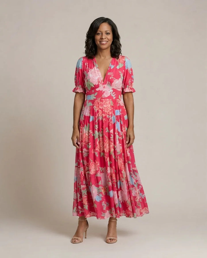 Lone | Short Sleeve V Neck Floral Midi Dress — Pink