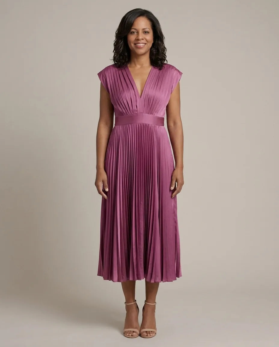 Genevieve | Timeless Pleated Midi Dress — Plum