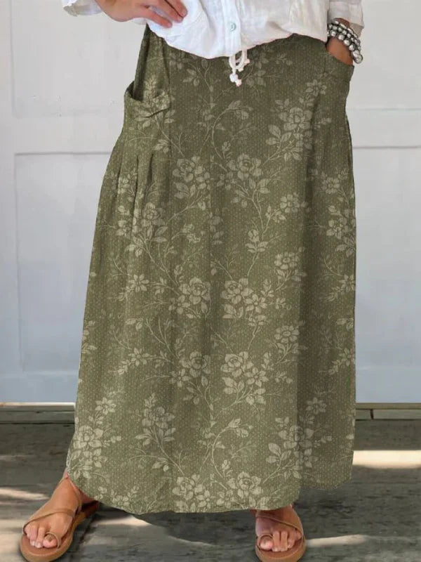 Rosa | Women's Retro Floral Art Elastic Waistband Pocket Skirt