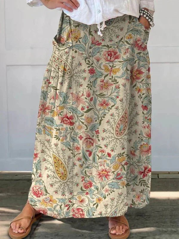 Rosa | Women's Retro Floral Art Elastic Waistband Pocket Skirt