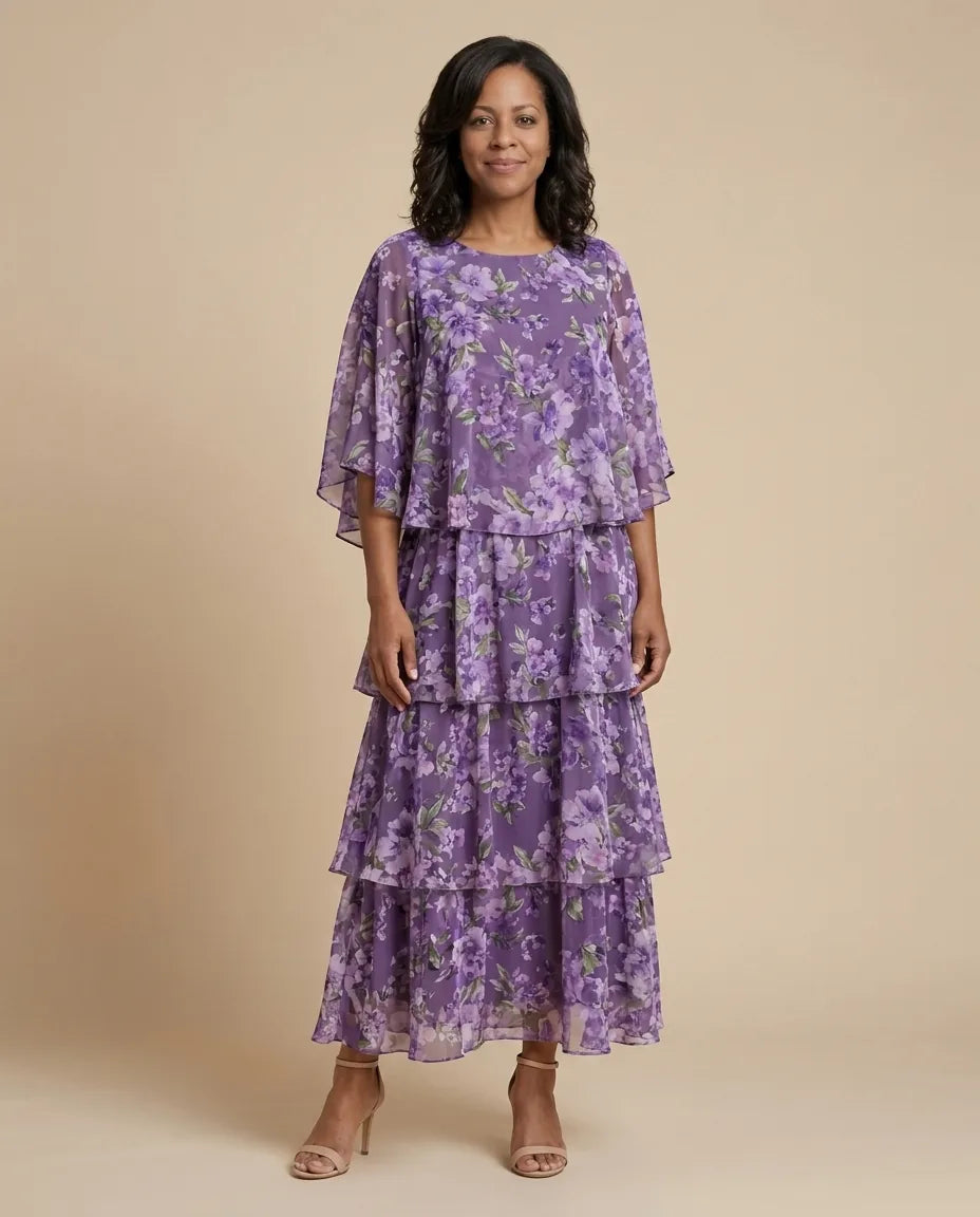 Lara | Elegant Flowing Maxi Dress — Purple with flowers
