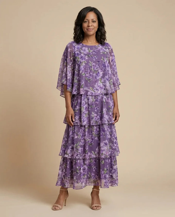 Lara | Elegant Flowing Maxi Dress — Purple with flowers