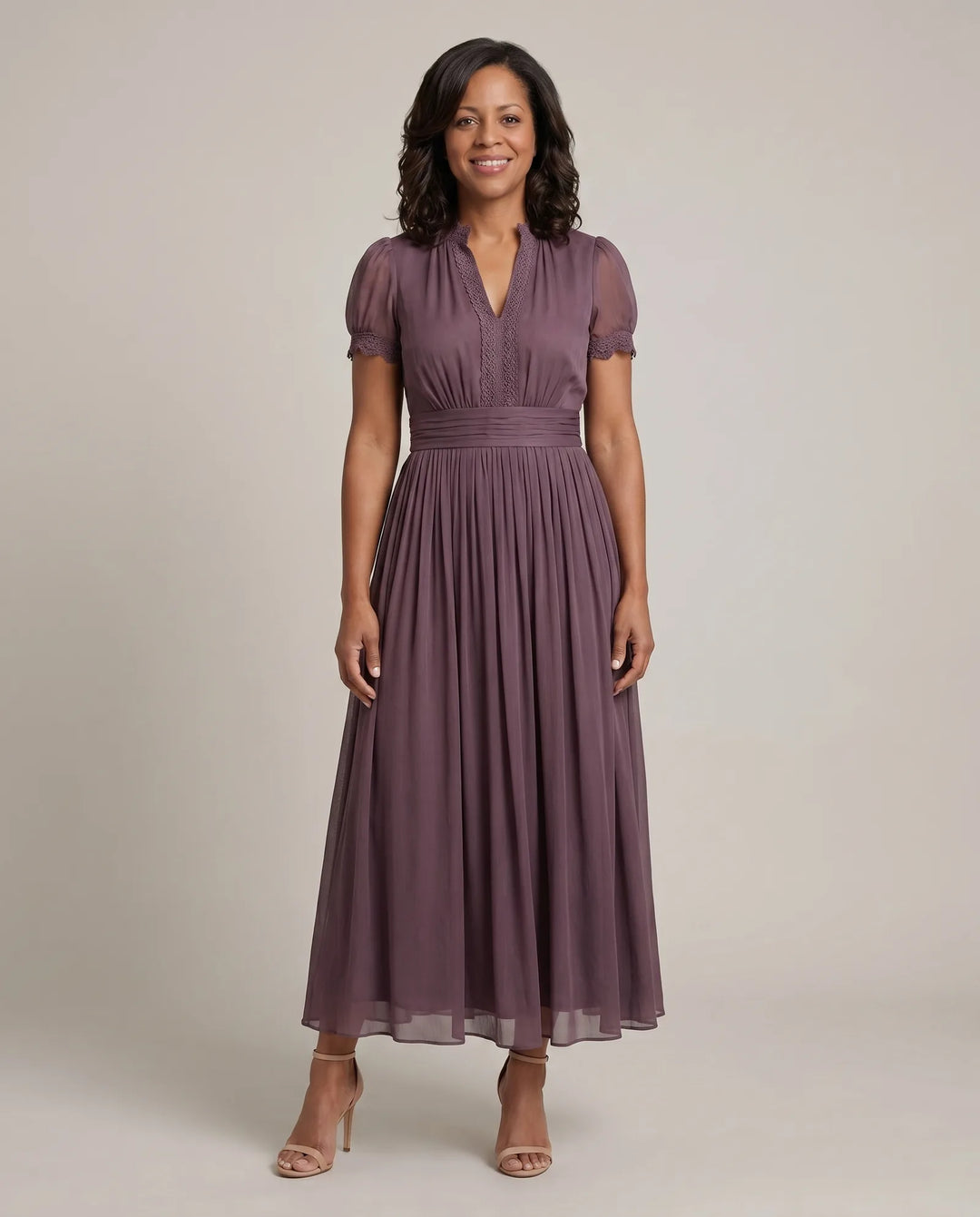 Avery | Gathered-Waist Keyhole Maxi Dress — Purple