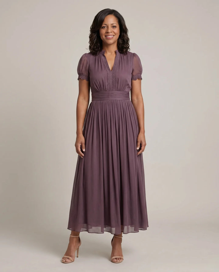 Avery | Gathered-Waist Keyhole Maxi Dress — Purple