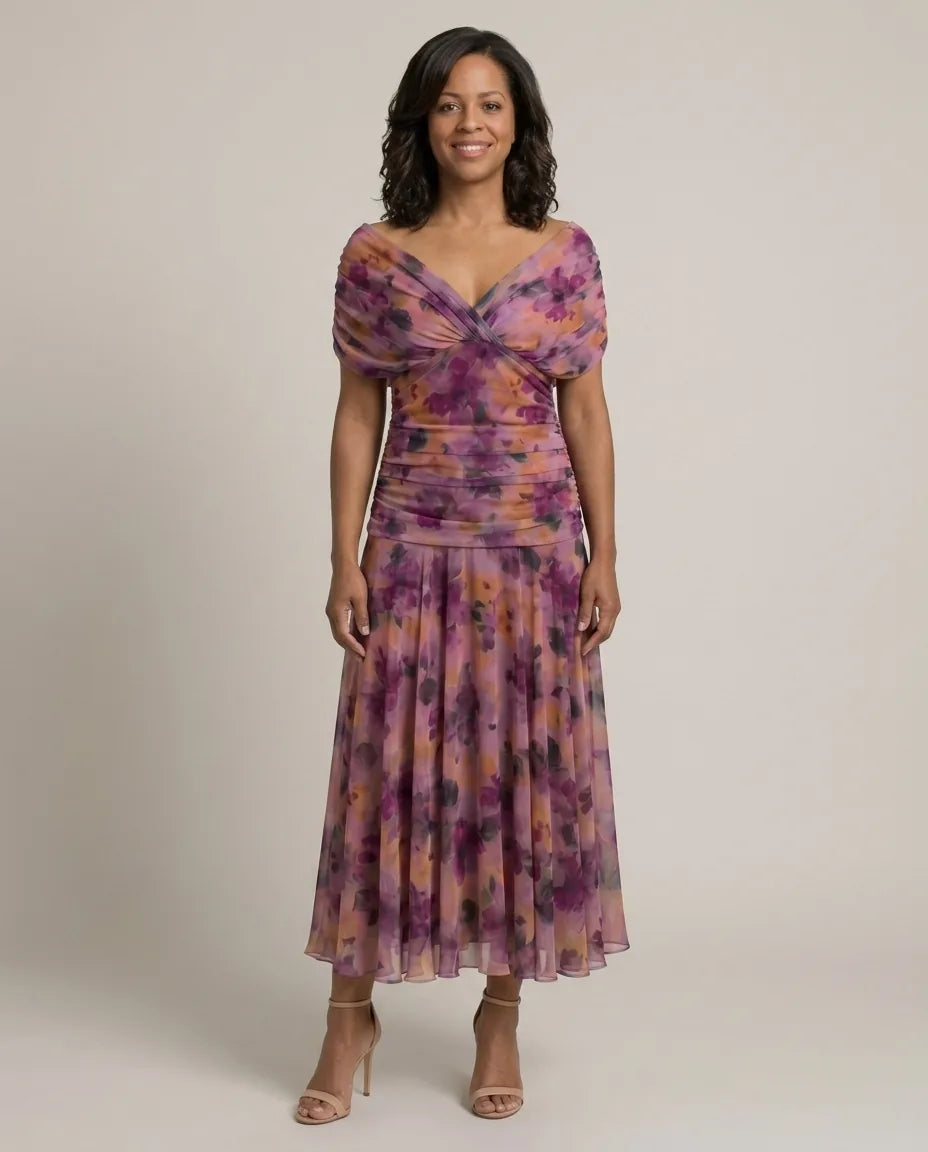 Hannah | Off Shoulder Flow Midi Dress — Purple