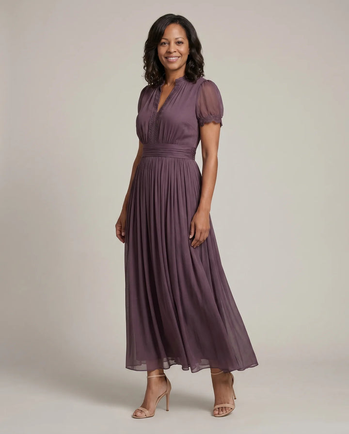 Avery | Gathered-Waist Keyhole Maxi Dress — Purple