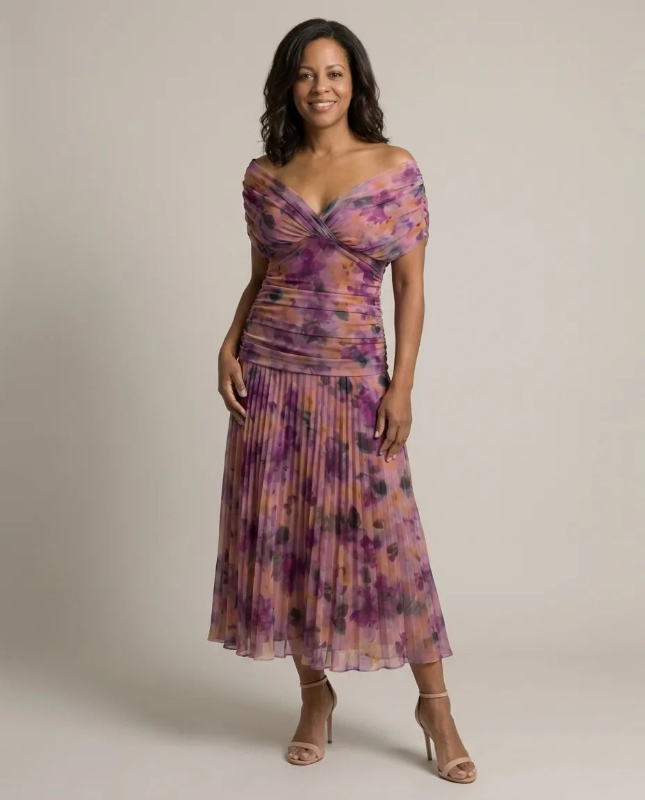 Hannah | Off Shoulder Flow Midi Dress — Purple