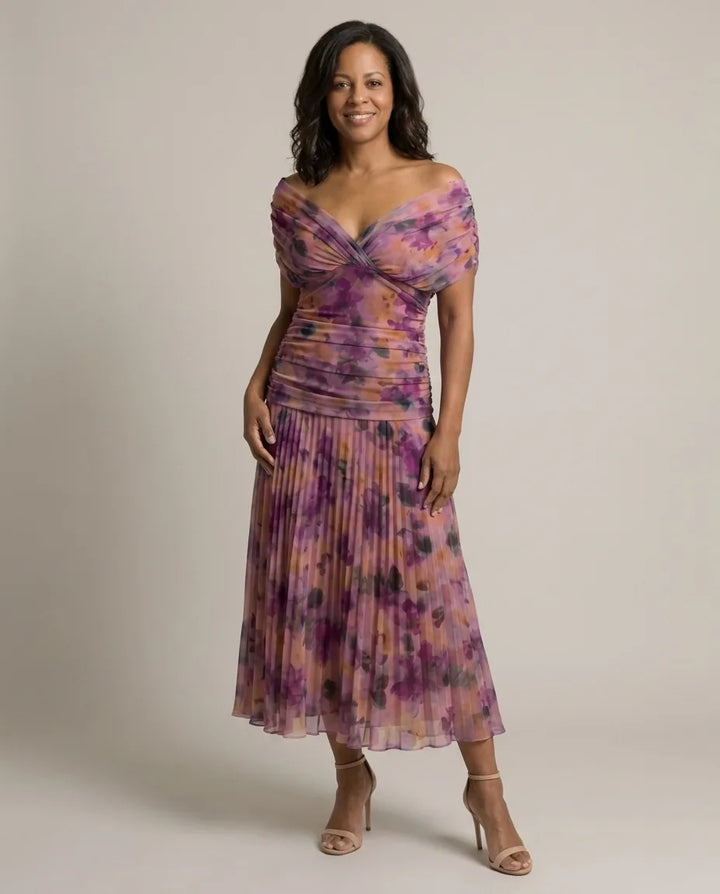 Hannah | Off Shoulder Flow Midi Dress — Purple