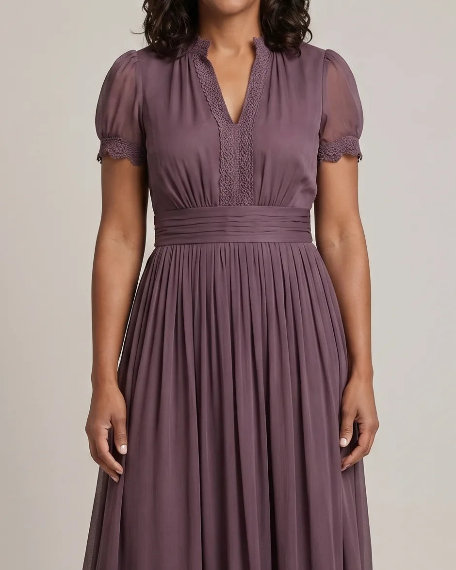 Avery | Gathered-Waist Keyhole Maxi Dress — Purple