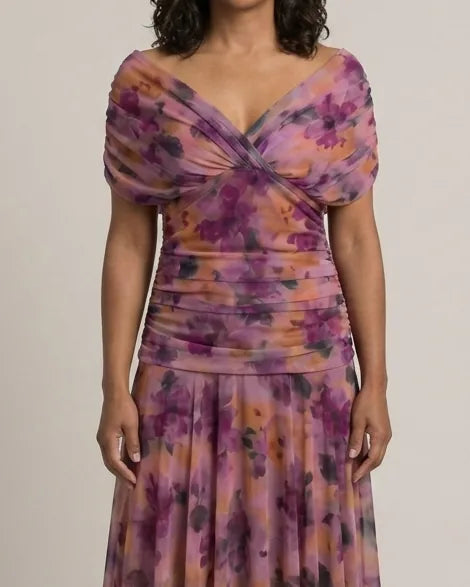 Hannah | Off Shoulder Flow Midi Dress — Purple