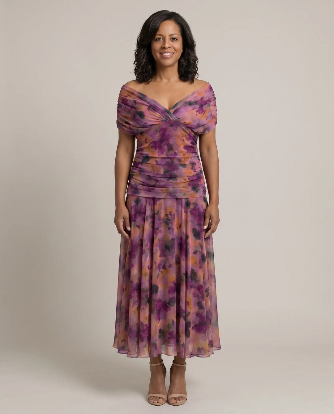 Abigail | Off-Shoulder Ruched Flow Midi Dress — Purple
