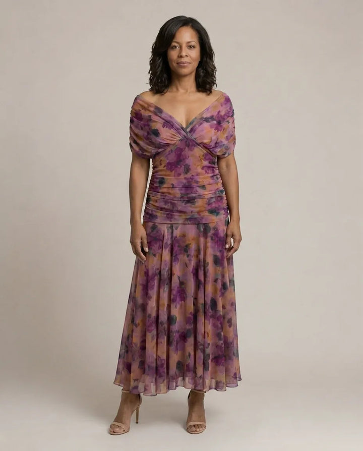 Calen | Off Shoulder Flow Midi Dresses — Purple