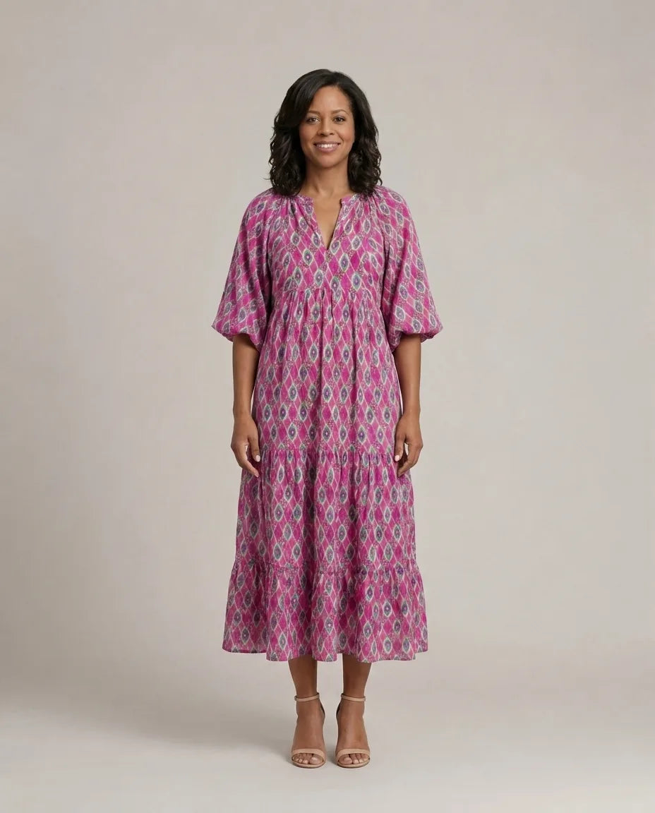 Apolline | Three Quarter Sleeve V Neck Patterned Midi Dress — Purple
