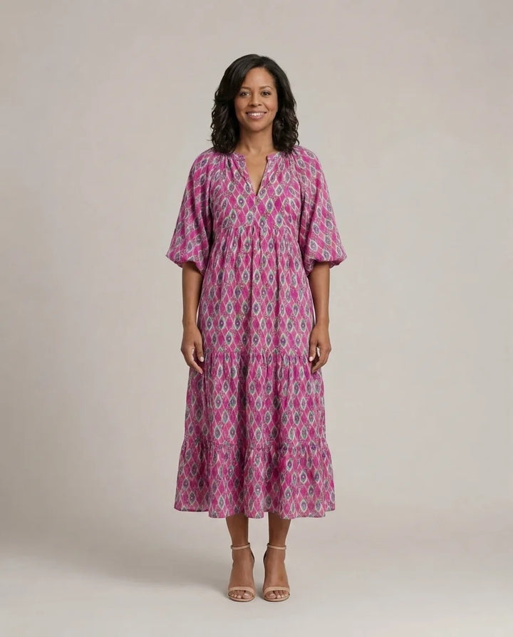 Apolline | Three Quarter Sleeve V Neck Patterned Midi Dress — Purple