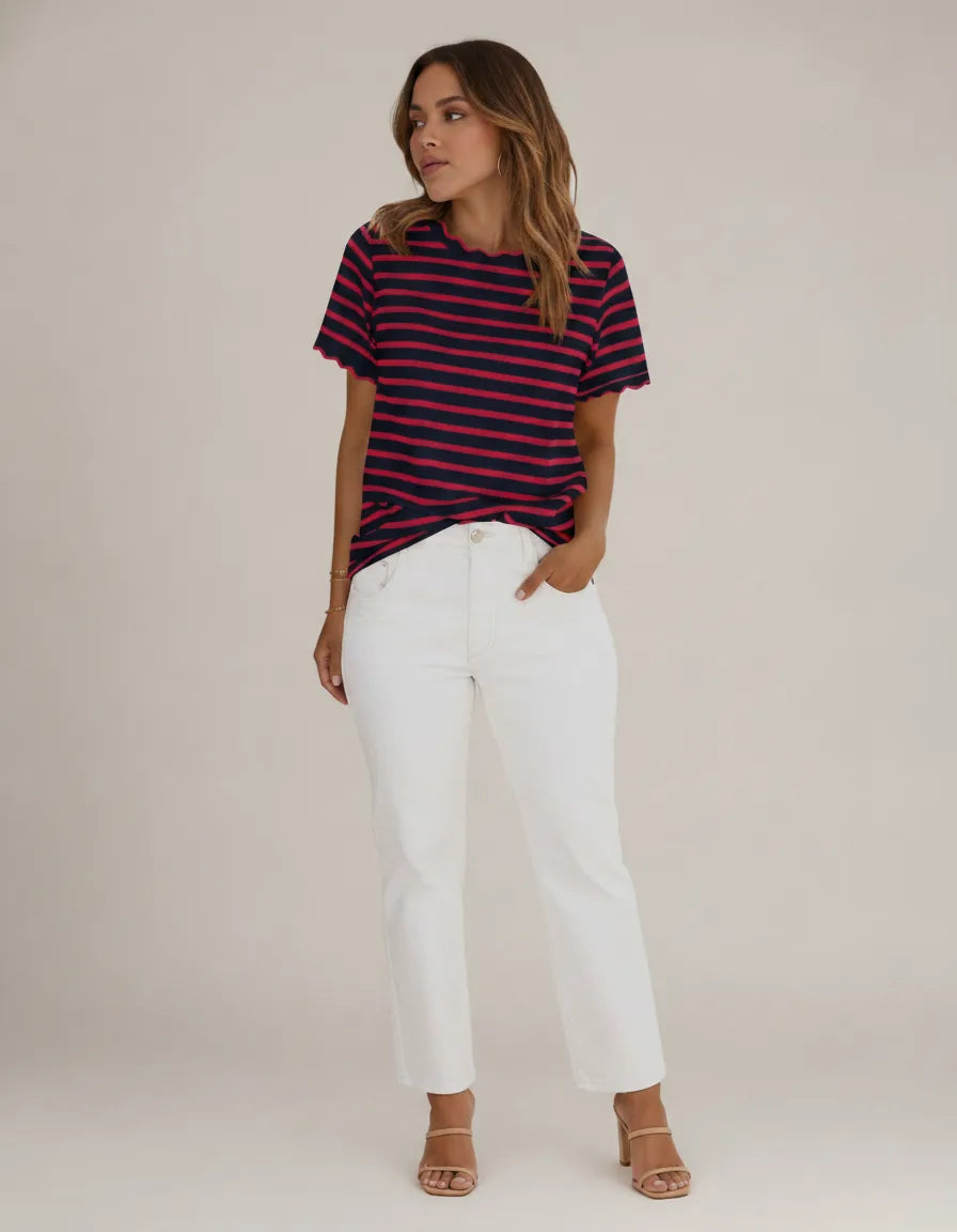 Women's Scalloped Crew Neck Striped T-Shirt — Red & Blue