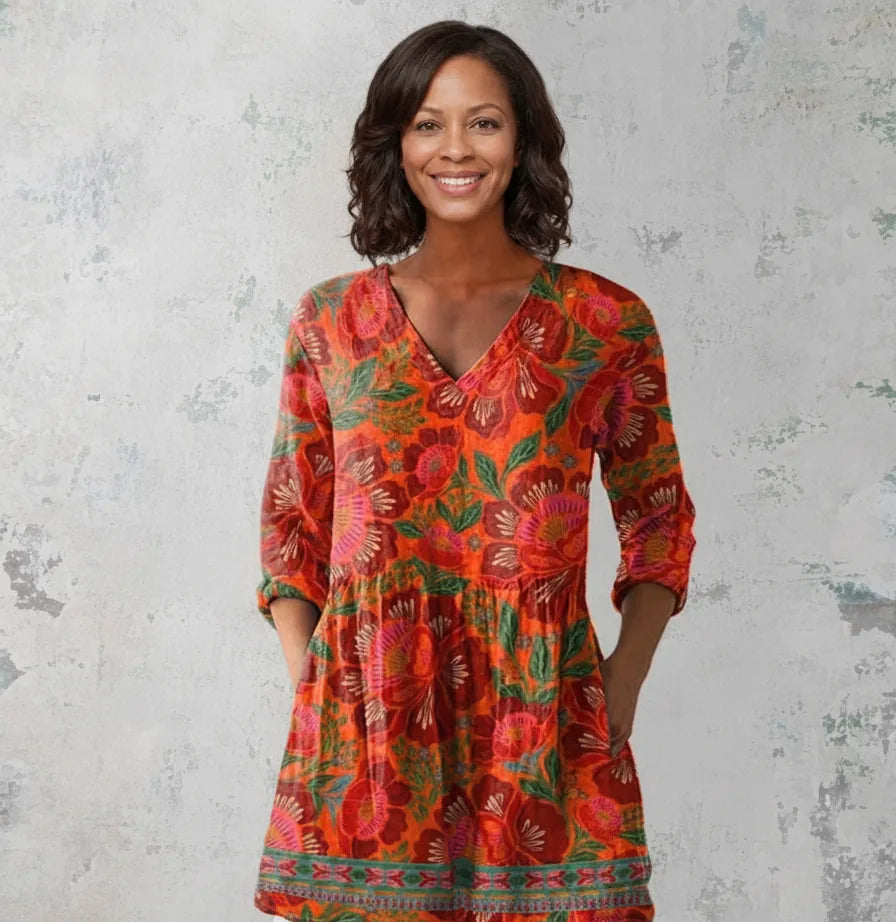 Marion | Long Blouse with V-Neck — Red Orange