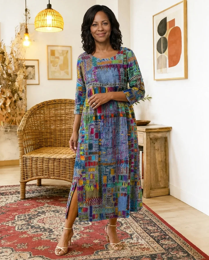 Manuela | Printed Dress with Ethnic Patchwork — S2_threequarter
