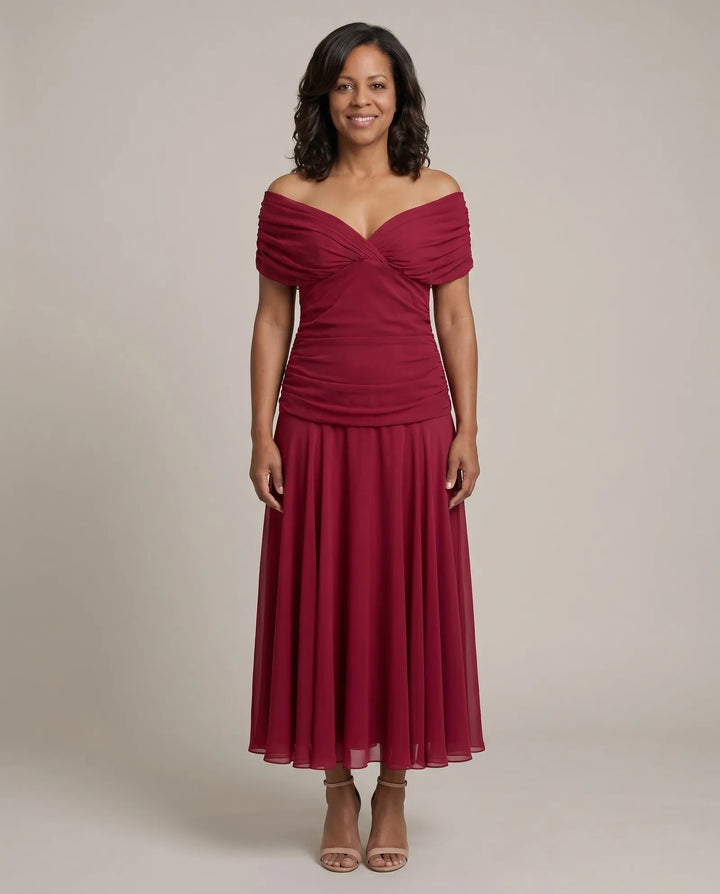 Abigail | Off-Shoulder Ruched Flow Midi Dress — Red