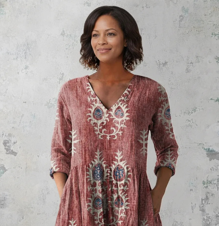 Elise | Long Blouse with V-Neck — Red