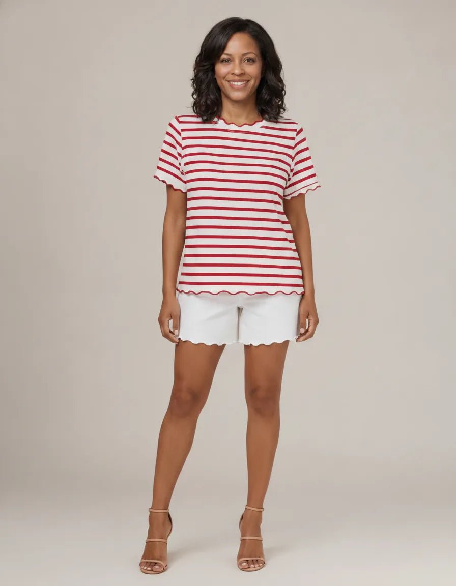 Women's Scalloped Crew Neck Striped T-Shirt — Red