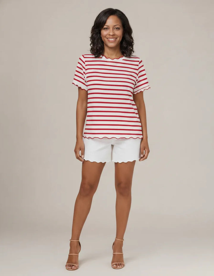 Women's Scalloped Crew Neck Striped T-Shirt — Red