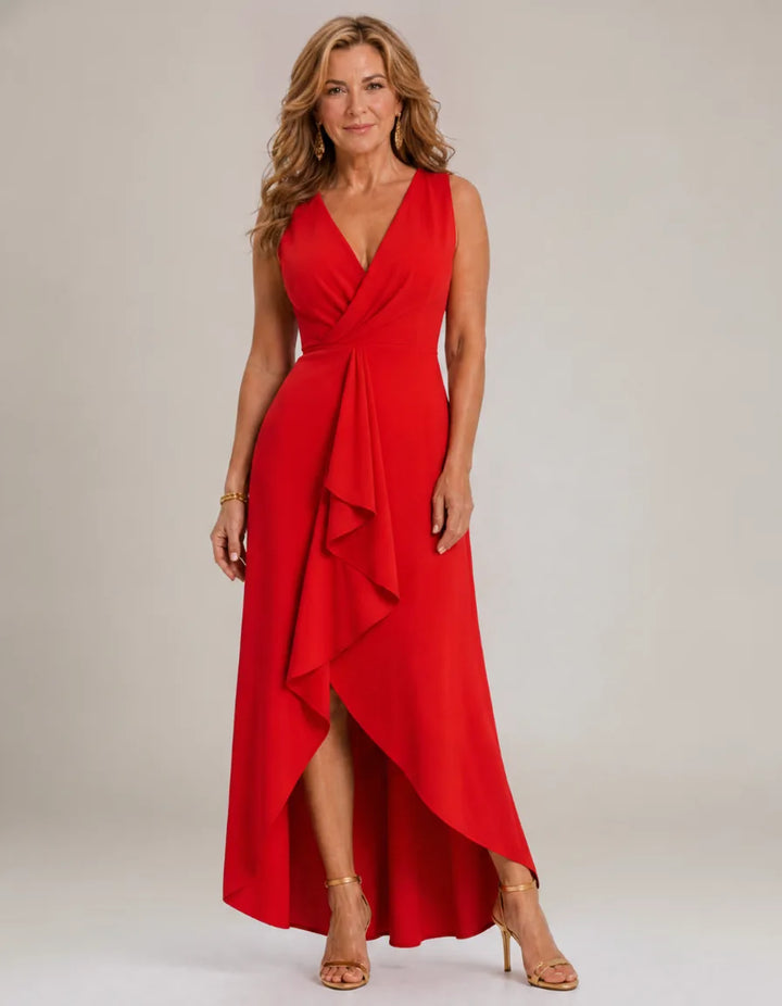 Okla | Sleeveless Wrap High Low Midi Dress — Red