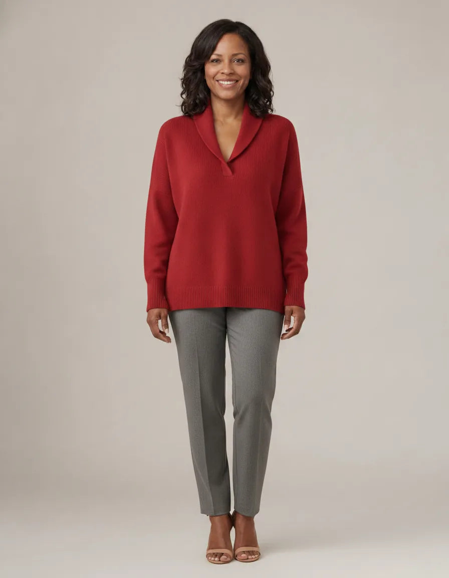 Evelyn | Relaxed V-Neck Knit Jumper — Red