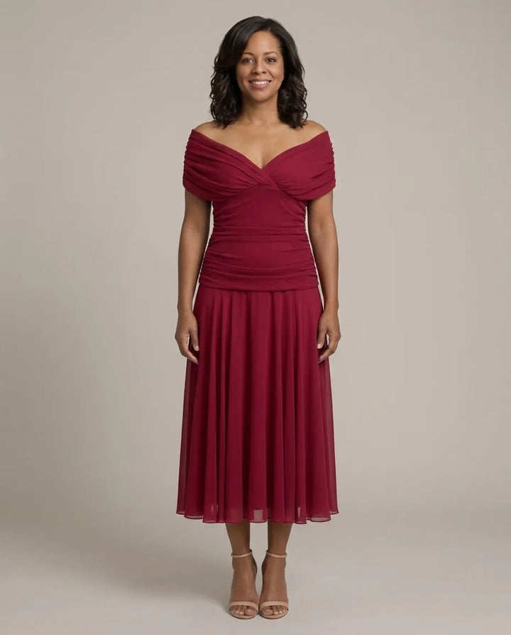 Hannah | Off Shoulder Flow Midi Dress — Red